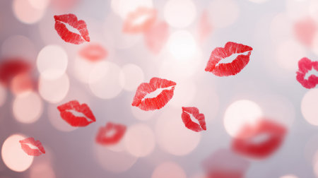 Red lipstick kiss marks drift over a dreamy pink and white bokeh backdrop, creating a romantic mood. Generated A.I.の素材