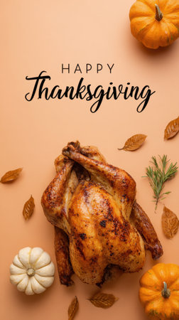 Juicy roasted turkey centerpiece surrounded by pumpkins and autumn leaves on a warm peach background, perfect for holiday menus, seasonal promotions, and food lifestyle visuals. Generated A.I.の素材