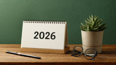 A minimalist desk setup featuring a spiral calendar marked 2026, a small succulent pot, and a pair of glasses with a pen on a wooden surface, perfect for planning, study, and office life. Generated A.I.の素材