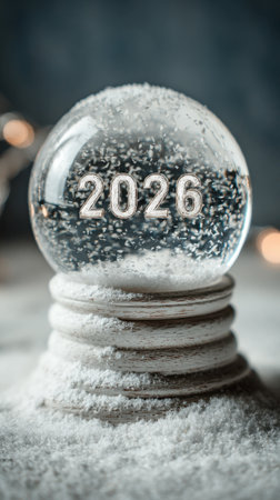 A glass snow globe displays the year 2026, resting on a weathered wooden pedestal as snow swirls inside, capturing winter magic and a festive mood. Generated A.I.の素材