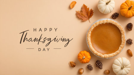 A warm autumn scene featuring a golden pumpkin pie surrounded by pumpkins, leaves, pinecones and a rustic beige background, perfect for Thanksgiving and seasonal culinary themes. Generated A.I.の素材