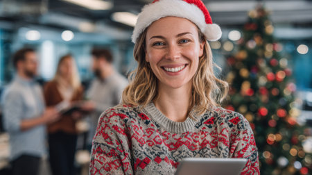 A friendly woman in a Santa hat and festive sweater stands in a modern office, with a Christmas tree in the background, ready for holiday celebrations with colleagues. Generated A.I.の素材