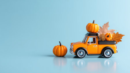 Bright orange vintage truck with pumpkins and autumn leaves creates a warm fall scene, ideal for seasonal campaigns, dの素材