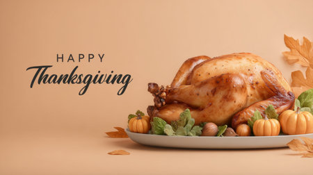 A roasted turkey sits on a plate surrounded by small pumpkins, greens, and fall leaves, celebrating Thanksgiving warmth, home meals, and seasonal abundance. Generated A.I.の素材