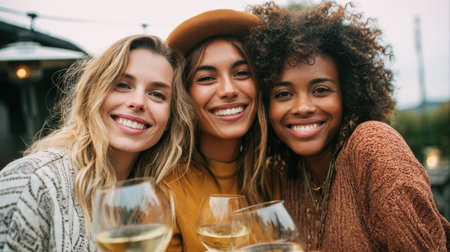 Three women pose close, with wine glasses, under soft lighting during a casual night out, celebrating friendship and fun. Generated A.I.の素材