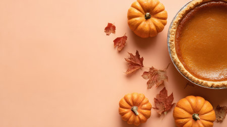 A warm autumn scene with a pumpkin pie and small pumpkins among dried leaves on a peach background. Cozy, seasonal and inviting, perfect for dessert and home baking contexts. Generated A.I.の素材