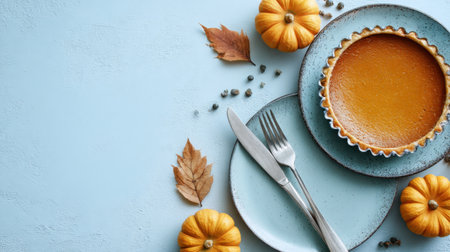 Warm autumn scene with pumpkin pie on blue ceramic plates, a fork and knife, tiny pumpkins, and brown leaves for a cozy seasonal mood. Generated A.I.の素材