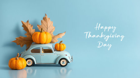 A charming blue vintage car carries pumpkins beneath autumn leaves against a bright backdrop, capturing festive Thanksgiving vibes. Generated A.I.の素材