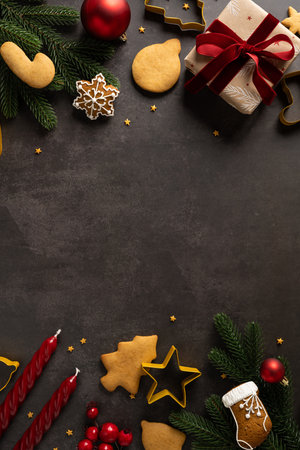 A vertical festive holiday scene featuring gifts, gingerbread cookies, ornaments, pine branches and ribbons, capturing a warm seasonal mood and the spirit of Christmas and New Year greetingsの写真素材