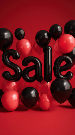 Vibrant black and red balloons frame the bold sale letters in a stylish studio scene, conveying promotion energy and retail excitement. Generated A.I.の素材