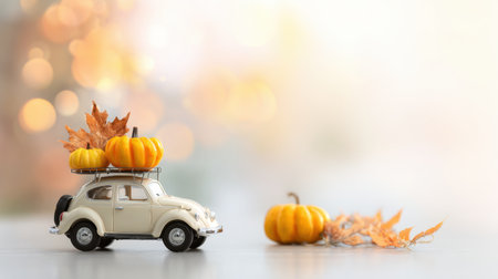 A charming vintage car carries pumpkins on its roof rack amid autumn leaves, evoking a warm, nostalgic fall mood and rustic charm. Generated A.I.の素材