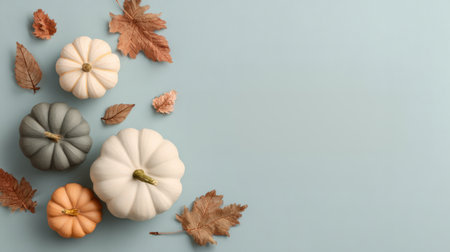 A seasonal still life featuring pumpkins and brown leaves on a soft blue backdrop, evoking fall warmth, harvest and nature. Ideal for autumn decor or editorial project.s Generated AIの素材