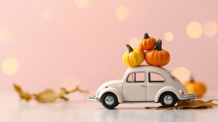 Whimsical vintage toy car carries pumpkins in a warm autumn scene, adding rustic charm and festive mood for fall decor and seasonal projects. Generated A.I.の素材
