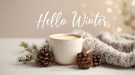 A cozy winter scene featuring a speckled mug of hot coffee, pine cones and a plush knitted blanket to evoke warmth and seasonal charm for home and lifestyle projects. Generated A.I.の素材