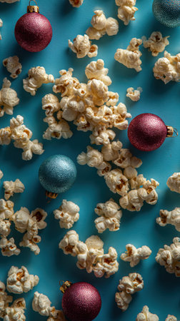Vibrant teal backdrop with popcorn clusters and spherical ornaments creating a playful holiday scene ideal for festive campaigns and seasonal promotions. Generated A.I.の素材