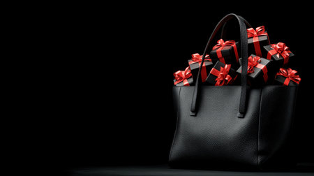 Luxurious tote overflows with wrapped presents, capturing the mood of holiday shopping, gifting, and celebration. Ideal for Christmas, gifts, retail marketing, and festive brand imagery. Generated A.I.の素材