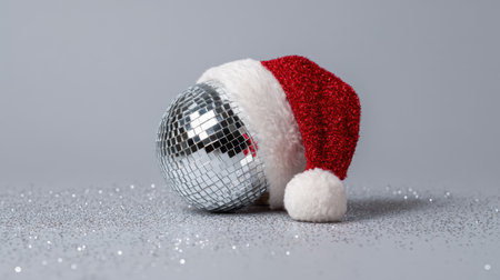 A festive disco ball with a red Santa hat rests on a sparkly silver surface, creating holiday mood and party vibes. Generated A.I.の素材