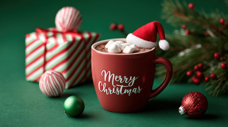A festive red mug of hot chocolate topped with marshmallows sits beside wrapped gifts and ornaments, set on a green background for a warm holiday scene. Generated A.I.の素材