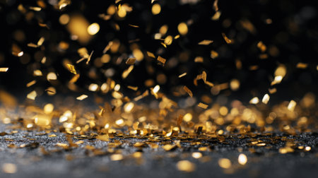 Gold confetti floats over a dark surface, catching light with sparkling drama and a luxurious mood. Ideal for events, parties, and celebration themes to evoke glamor and anticipation. Generated A.I.の素材