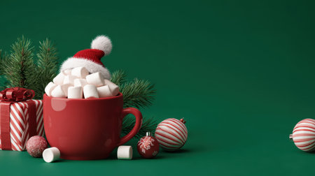 Vivid red mug packed with marshmallows sits among gifts, pine branches, and striped ornaments on a green backdrop, creating a warm, festive holiday scene. Generated A.I.の素材