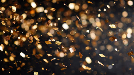 Shimmering gold confetti falls against a dark, bokeh background, creating a festive and glamorous mood. Ideal for celebration themes, party promotions, luxury branding, or stylish events. Generated A.I.の素材