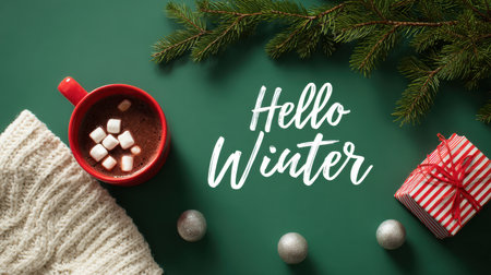 Cozy winter moment featuring a red mug of hot cocoa with marshmallows, a chunky sweater, and festive gifts on a green backdrop generated with seasonal warmth. Generated A.I.の素材