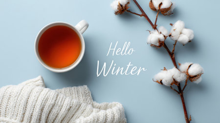 A warm scene featuring a tea cup on a soft blue background with a cotton branch and chunky knit blanket, creating a cozy winter mood ideal for seasonal and lifestyle imagery. Generated A.I.の素材