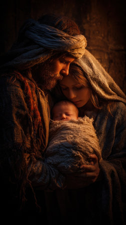 A tender scene of parents cradling their newborn wrapped in soft fabric, bathed in warm light. Intimate and peaceful moment that conveys love, care, and new life? Generated A.I.の素材