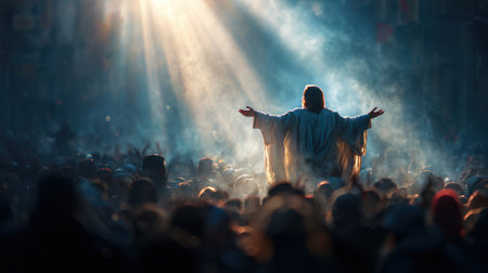 A solitary speaker in flowing robes stands on a stage with arms outstretched, surrounded by a vast crowd as sunbeams break through smoke creating a sacred, cinematic moment. Generated A.I.の素材