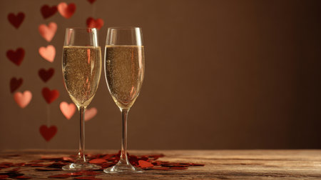 Two elegant champagne glasses glisten with bubbles in a warm setting, surrounded by red hearts and confetti for a romantic toast and festive vibe. Generated A.I.の素材