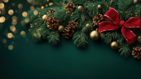Vibrant holiday greenery featuring pine branches pinecones gold baubles and a bold red ribbon creates a warm festive scene perfect for Christmas decor projects. Generated A.I.の素材