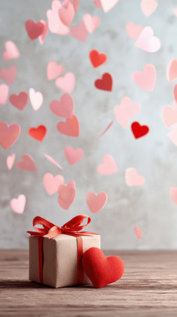 A soft scene featuring a gift box tied with a red ribbon and a plush red heart, with pink heart confetti floating above a wooden table, evoking love, celebration, and romance. Generated A.I.の素材