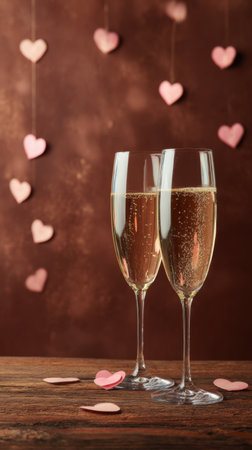 Two champagne flutes rise in a warm, romantic setting with pink heart decorations. Soft lighting and bubbles create a festive, intimate mood ideal for romance and celebration. Generated A.I.の素材