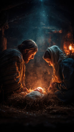 A tender nativity moment captures parents beside a newborn in a glowing manger, candlelit and serene, conveying faith, hope, and quiet devotion in a rustic shelter. Generated A.I.の素材