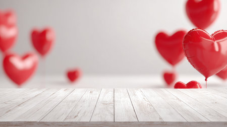 A romantic display of red heart balloons drifts over a pale backdrop, casting soft reflections on a light wooden table. Ideal for Valentine, love, party, gift, and celebration themes. Generated A.I.の素材