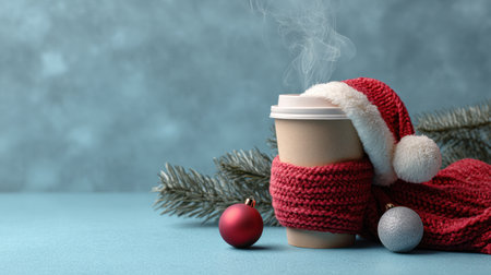 A festive scene featuring a paper cup with hot coffee wearing a red scarf and Santa hat, surrounded by a pine branch and red and silver ornaments on a cool blue backdrop. Generated A.I.の素材