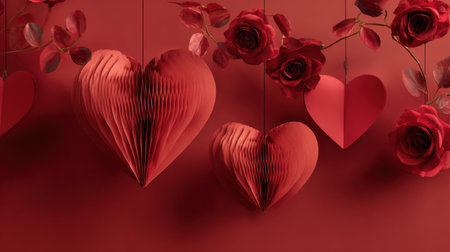 A romantic arrangement of red paper hearts and roses suspended against a warm red backdrop, symbolizing love, affection, and celebration for Valentines Day. Generated A.I.の素材