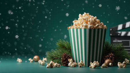 A striped green popcorn bucket sits among pine sprigs, cones, and scattered kernels, with a film clapperboard in the background to evoke a cozy, festive cinema vibe. Generated A.I.の素材