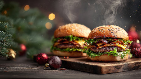 Juicy beef burgers with greens, cheese, and caramelized onions sit on a rustic wooden board, festive lighting and holiday decor creating a cozy Christmas scene. Generated A.I.の素材