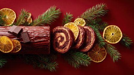 A rich chocolate log cake is garnished with orange slices and dark chocolate squares, surrounded by pine branches to evoke festive warmth and seasonal indulgence. Generated A.I.の素材