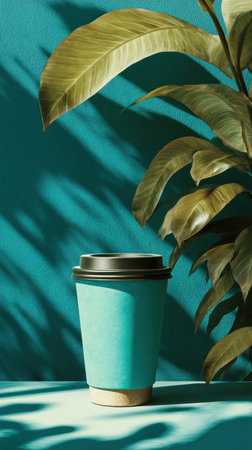 A teal takeout cup sits against a bold turquoise wall, while large tropical leaves cast dramatic shadows for a calm, modern still life vibe. Generated A.I.の素材