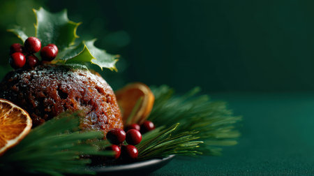 A festive Christmas cake garnished with holly and red berries, set on a green plate with orange slices and pine needles for a warm holiday mood. Generated A.I.の素材