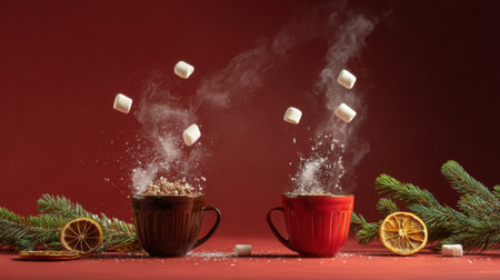 Two mugs of hot chocolate with marshmallows rise in steam, surrounded by evergreen branches and dried orange slices on a red backdrop, creating a cozy festive scene. Generated A.I.の素材