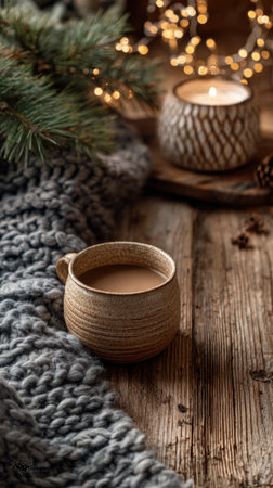 A rustic scene features a ceramic mug of hot coffee on a wooden table beside a chunky knit blanket, a lit candle, pine greens, and soft fairy lights for a cozy holiday mood. Generated A.I.の素材