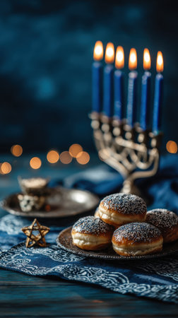 Blue background scene with a lit menorah, seven blue candles, sesame donuts on a patterned cloth, and a festive Hanukkah mood. Generated A.I.の素材