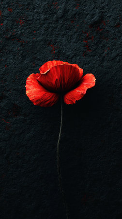 A single red poppy rises from a dark textured surface, creating dramatic contrast and mood of resilience and beauty perfect for art, editorial, or dの素材