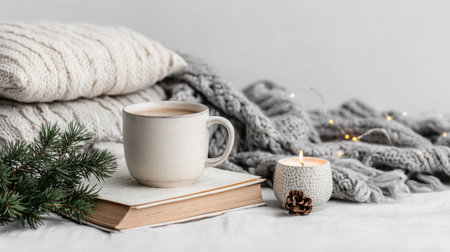 Cozy winter scene with a ceramic mug of hot coffee resting on an open book, a thick knit blanket, and a softly lit candle. Pinecone and evergreen sprig add rustic charm to the calm home setting Generated AIの素材