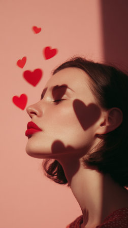 A serene side profile of a woman with bold red lips, soft makeup, and heart shadows on a warm pink backdrop.Generated AIの素材