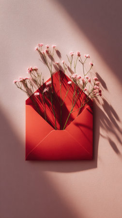 Pink flowers emerge from a bright red envelope against a pale pink wall, casting long shadows and creating a gentle, romantic mood perfect for gift themes and heartfelt notes. Generated A.I.の素材