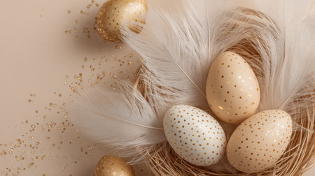 Soft beige eggs with gold speckles rest in a soft nest of white feathers on a warm beige background, evoking Easter, elegance, and celebration. Generated A.I.の素材